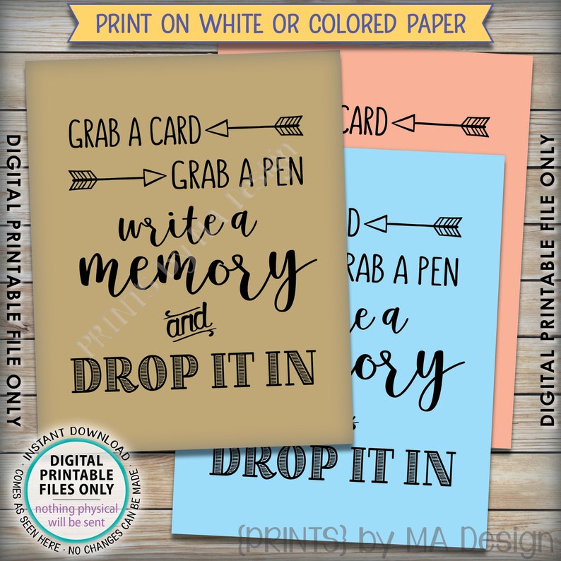 Write a Memory, Grab a Card Grab a Pen Drop it In, Birthday Party, Graduation Memories, Retirement, Bon Voyage, PRINTABLE 8x10 Sign ID image 3