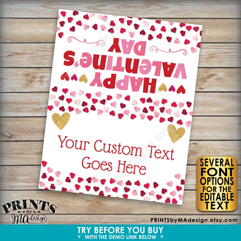 Puede incluir: Una tarjeta de San Valent&iacute;n imprimible con fondo blanco y corazones rojos, rosas y dorados. El texto de la tarjeta dice "Feliz D&iacute;a de San Valent&iacute;n" y "Tu texto personalizado aqu&iacute;".