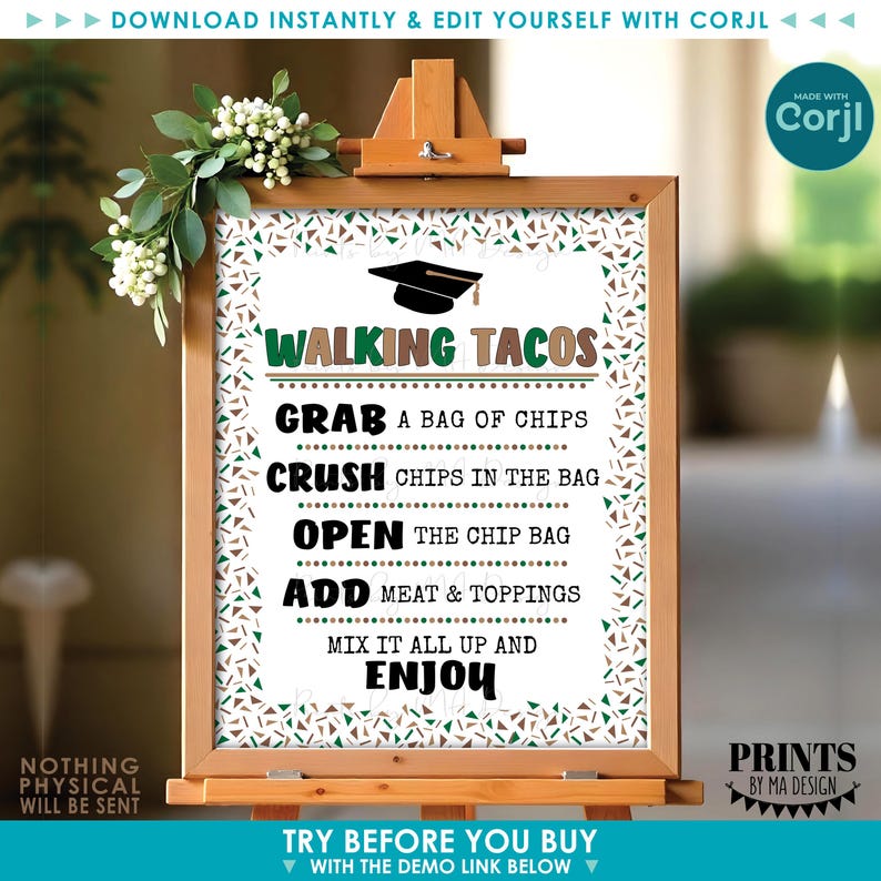 May include: A printable sign with a green, brown, and white geometric pattern. The sign says "Walking Tacos" and includes instructions for making walking tacos: "Grab a bag of chips, Crush chips in the bag, Open the chip bag, Add meat & toppings, Mix it all up and Enjoy".