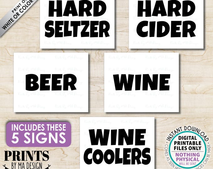 Beverage Signs, Drink Bundle Package, Beer, Wine, Hard Cider, Hard Seltzer, Wine Coolers, 5 PRINTABLE 8x10/16x20” B&W Signs, No Border <ID>