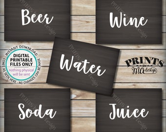 Beverage Station Signs, Drink Signs, Soda Juice Water Beer Wine, Five PRINTABLE 5x7” Chalkboard Style Signs <ID>