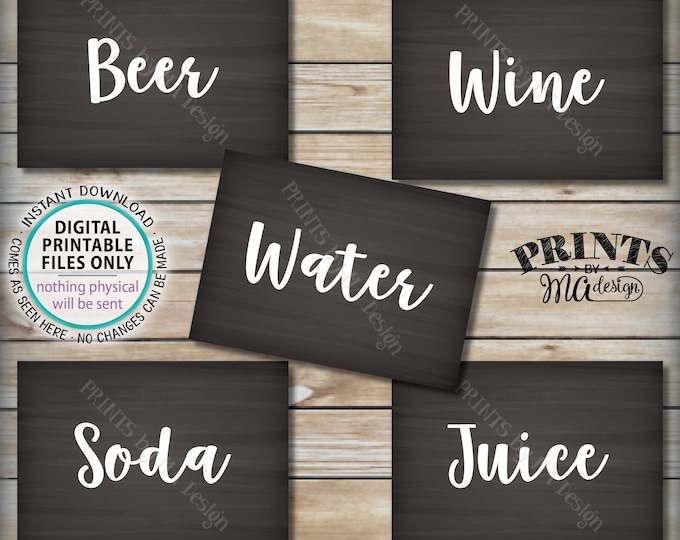 Beverage Station Signs, Drink Signs, Soda Juice Water Beer Wine, Five PRINTABLE 5x7” Chalkboard Style Signs <ID>