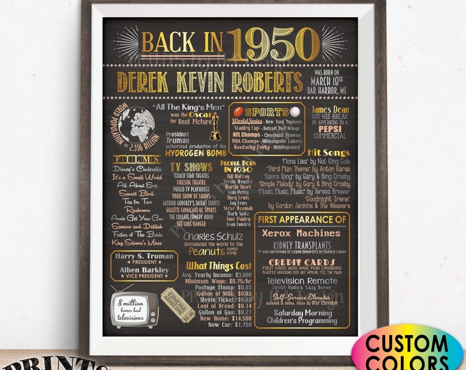 Flashback to 1950 Birthday Poster, Back in 1950 Board, 1950 Birthday Decoration, Custom PRINTABLE 16x20” Sign, B-day Gift