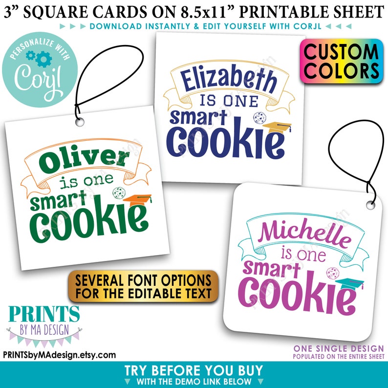 One Smart Cookie Tags/Cards/Labels, Graduation Party Favors, Custom 3 Squares on a 8.5x11 Digital PRINTABLE File Edit Yourself w/Corjl image 1