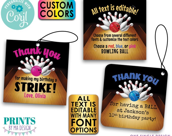 Editable Bowling Tags/Cards, Custom 3" Square Bowling Party Favors, Bowling Birthday, PRINTABLE 8.5x11" Digital File <Edit Yourself w/Corjl>