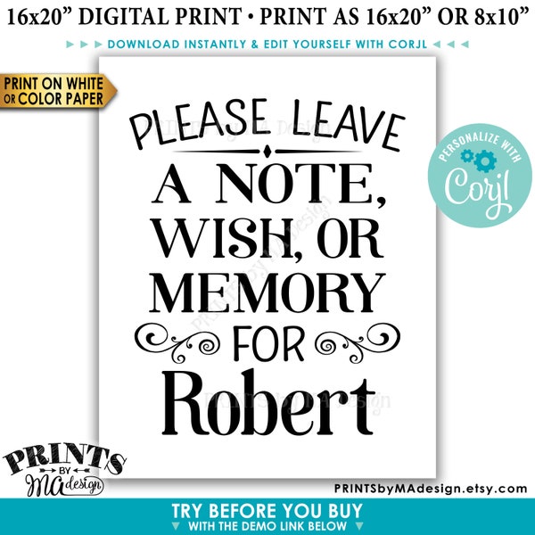 Please Leave a Note Wish or Memory Sign, Write a Message Sign, PRINTABLE 16x20” Sign, B&W <Edit Yourself with Corjl>