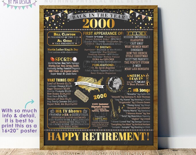 Back in the Year 2000 Retirement Party Poster Board, Flashback to 2000 Sign, PRINTABLE 16x20” Retirement Party Decoration <ID>