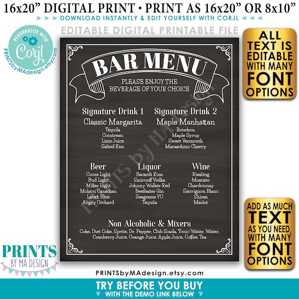 Bar Menu Sign, Custom PRINTABLE 8x10/16x20” Chalkboard Style Drinks Sign, Birthday Party, Wedding Reception <Edit Yourself with Corjl>