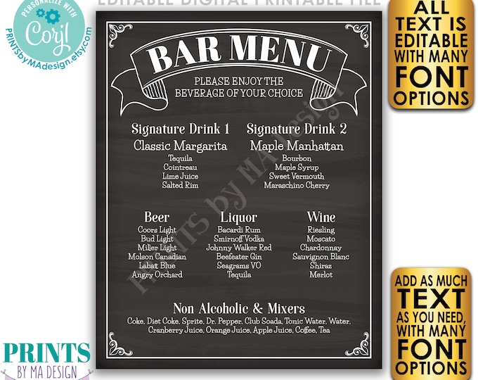 Bar Menu Sign, Custom PRINTABLE 8x10/16x20” Chalkboard Style Drinks Sign, Birthday Party, Wedding Reception <Edit Yourself with Corjl>