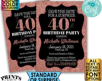 Rose Gold Glitter Birthday Party Save the Date, Surprise or Standard Invite, Custom PRINTABLE 5x7" Digital File <Edit Yourself with Corjl>