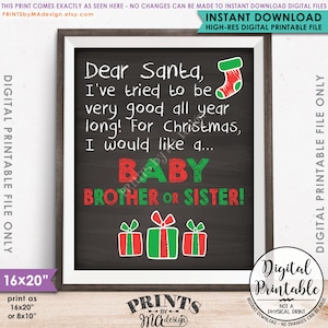 Anuncio de embarazo de Navidad, lista de deseos de Navidad para hermanito o hermana foto prop, signo estilo pizarra IMPRIMIBLE 8x10/16x20" <ID>