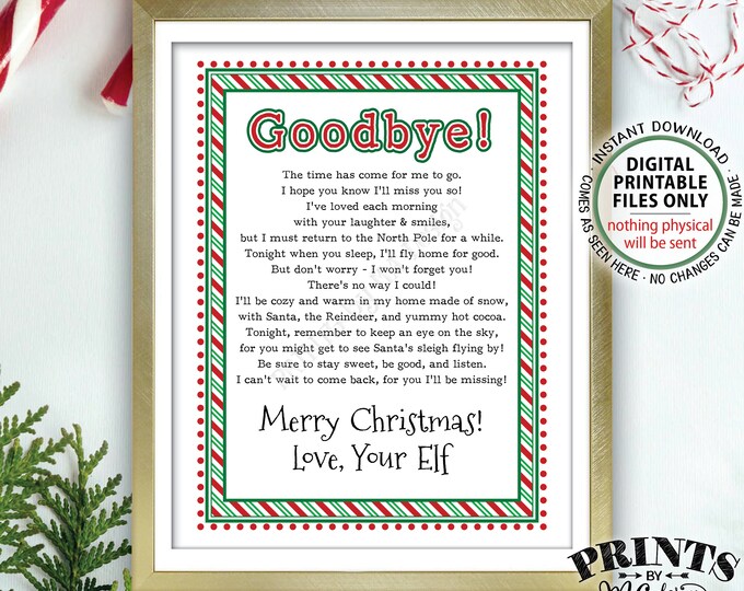 Elf Letter, Christmas Elf Goodbye Letter to Kids, Bye bye Magic Elf Farewell Note, PRINTABLE 8.5x11” Elf Farewell Sign <Instant Download>