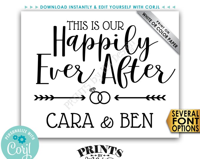 This Is Our Happily Ever After Sign, Wedding Reception Welcome, PRINTABLE 8x10/16x20” Black & White Wedding Sign <Edit Yourself with Corjl>