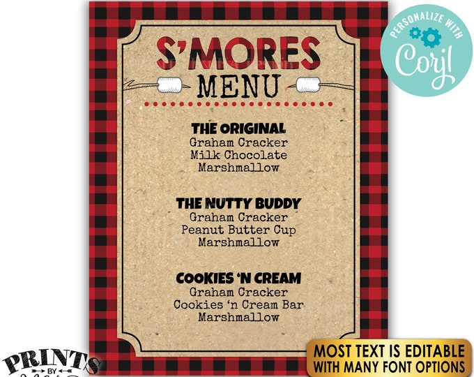 Lumberjack S'mores Sign, Make a S'more Bar, S'more Menu, PRINTABLE 8x10/16x20” Sign, Red Checker Buffalo Plaid <Edit Yourself with Corjl>