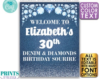 Welkomstbord voor een verjaardagsfeestje met denim en diamanten, bewerkbare verjaardagsdecoratie, printbaar bord van 8x10/16x20 inch met glitter in blauwe jeansstijl <Bewerk het zelf met Corjl>