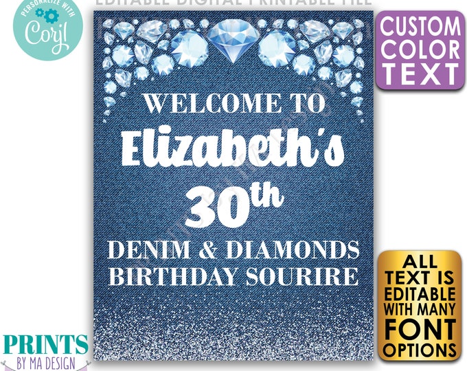 Denim and Diamonds Birthday Party Welcome Sign, Editable Bday Decor, PRINTABLE 8x10/16x20” Blue Jeans Glitter Sign <Edit Yourself w/Corjl>