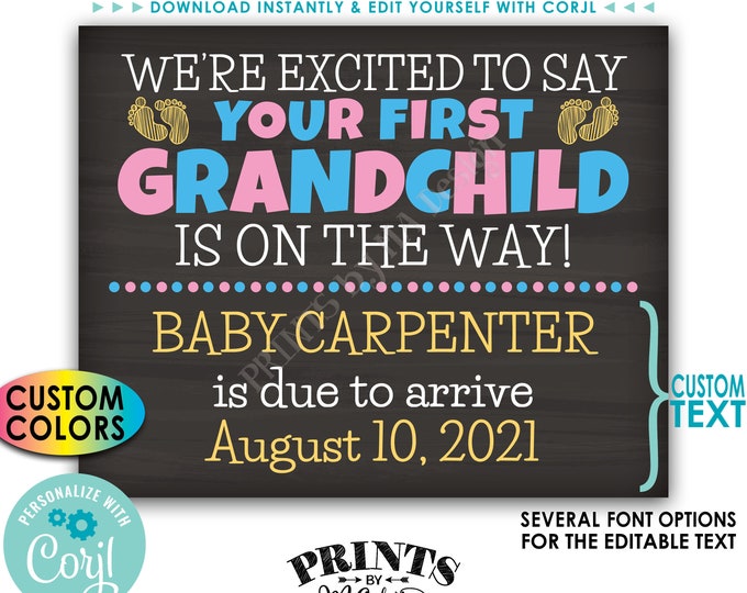 Pregnancy Announcement, First Grandchild is on the Way, You're Going to be Grandparents, PRINTABLE 8x10/16x20” Sign <Edit Yourself w/Corjl>
