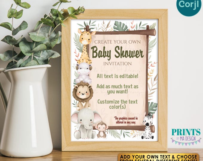 Baby Animals Baby Shower Invitation, Jungle, Safari, Custom PRINTABLE 5x7" Watercolor Style Digital File <Edit Yourself with Corjl>