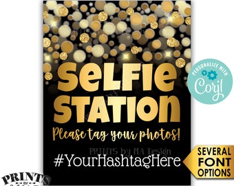 Gold Selfie Station Sign, Share on Social Media, Instagram Facebook, Black & Gold Glitter PRINTABLE 8x10” Sign <Edit Yourself with Corjl>