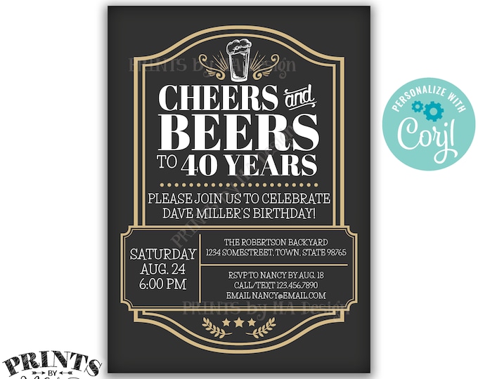 Cheers and Beers Birthday Inviation, Cheers & Beers to Bday Years, Any B-day, Custom PRINTABLE 5x7" Invite <Edit Yourself with Corjl>