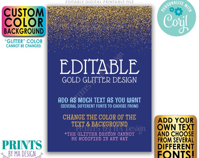 Editable Gold Glitter Portrait Sign, Choose Your Text and Colors, Glitz and Glam, ONE Custom PRINTABLE 5x7” Sign <Edit Yourself w/Corjl>