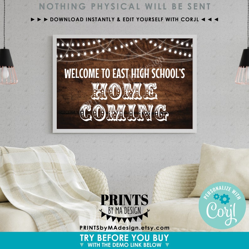 May include: A printable sign with a rustic wood background and string lights. The sign says "Welcome to East High School's Home Coming".