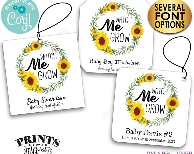 Watch Me Grow Tags, Sunflower Baby Shower Favors, Flower Seeds Favors, 3" Cards, Digital PRINTABLE 8.5x11" File <Edit Yourself with Corjl>