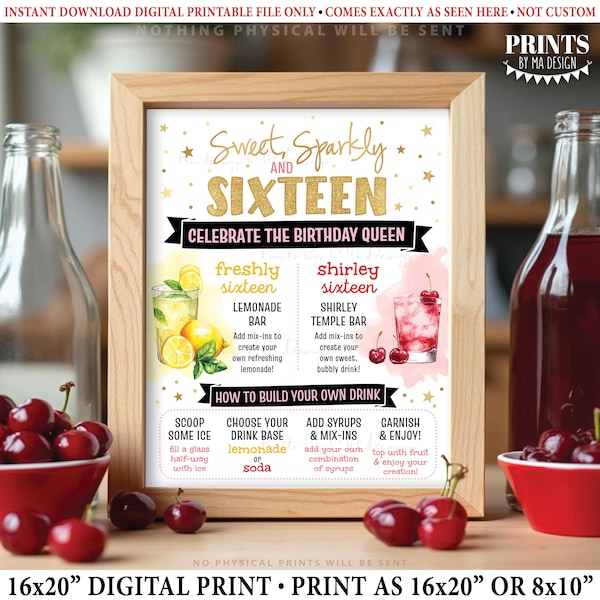 Sweet 16 Beverage Sign, Shirley Temple and Lemonade Bar, Freshly Sixteen, PRINTABLE 8x10/16x20” Birthday Drink Station Sign <ID>
