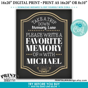 Deel een Memory Sign, maak een trip down Memory Lane, Cheers and Beers Party, Custom PRINTABLE 8x10/16x20" Sign <Bewerk jezelf met Corjl>