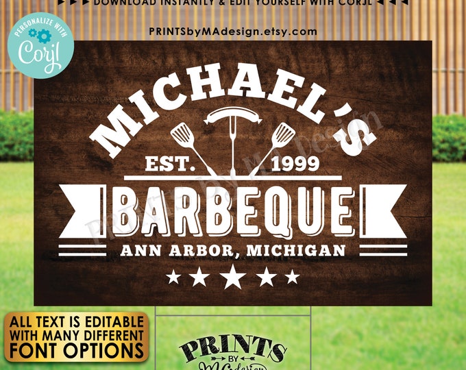 Editable BBQ Sign, Backyard Barbecue, Barbie Grill Smokehouse, Custom PRINTABLE 24x36” Brown Rustic Wood Style Sign <Edit Yourself w/Corjl>