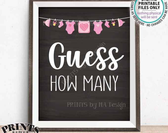 Guess How Many Sign, Guess the Number Baby Shower Game Guessing Game It's a Girl Pink Clothesline Chalkboard Style PRINTABLE 8x10” Sign <ID>