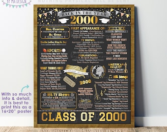 Class of 2000 Reunion Decoration, Back in the Year 2000 Poster Board, Flashback to 2000 High School Reunion, PRINTABLE 16x20” Sign <ID>