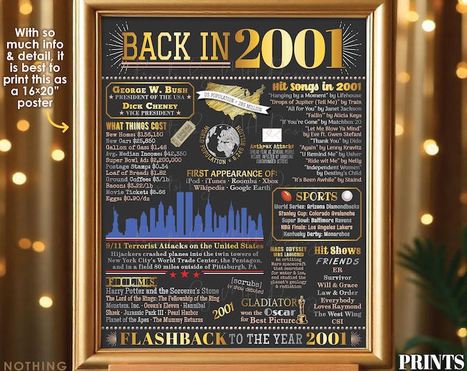 Back in 2001 Poster Board, Flashback to the Year 2001 USA History from 2001, Remember 2001 Decoration, PRINTABLE 16x20” Sign <ID>