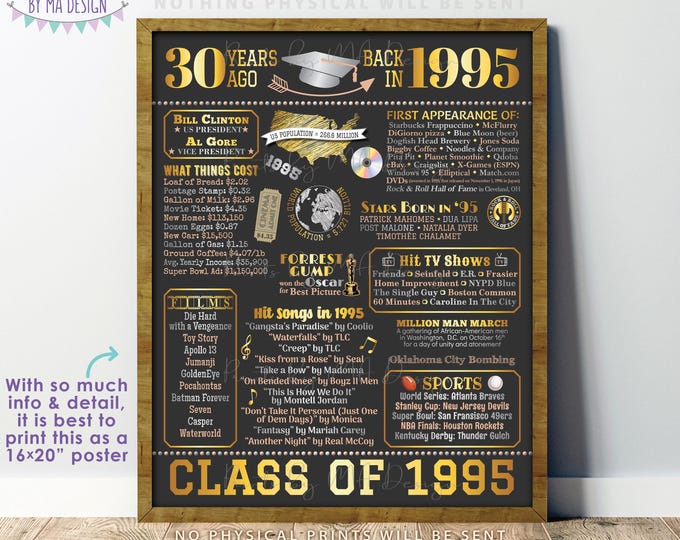 30th High School Reunion Decoration, Class of 1995 Graduated 30 Years Ago, Back in the Year 1995 Poster Board, PRINTABLE 16x20” Sign <ID>