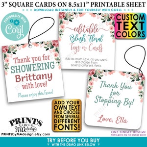 Etiquetas/Tarjetas florales color rubor editables, recuerdos para fiestas, cuadrados personalizados de 3" estilo acuarela, archivo digital IMPRIMIBLE de 8.5x11" <Edita tú mismo con Corjl> imagen 1