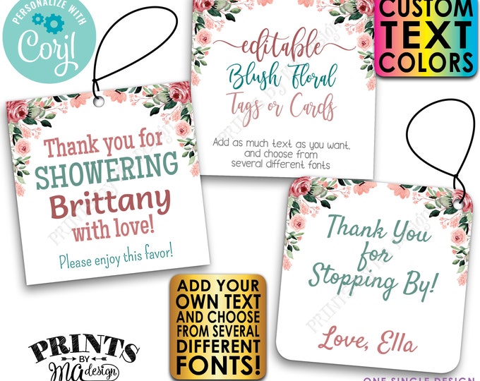 Editable Blush Floral Tags/Cards, Party Favors, Custom Watercolor Style 3" Squares, PRINTABLE 8.5x11" Digital File <Edit Yourself w/Corjl>