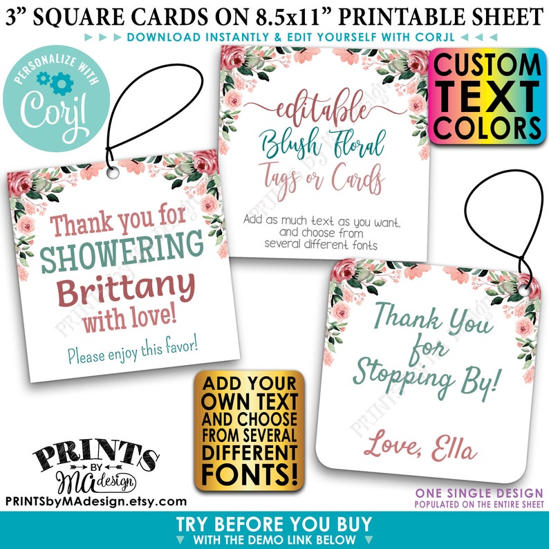 Etiquetas/Tarjetas florales color rubor editables, recuerdos para fiestas, cuadrados personalizados de 3" estilo acuarela, archivo digital IMPRIMIBLE de 8.5x11" <Edita tú mismo con Corjl> imagen 1