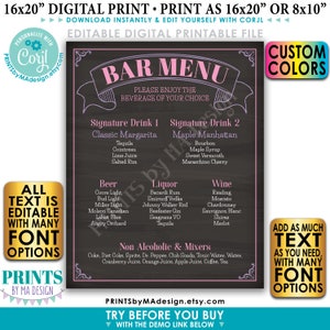 Bar Menu Sign, Editable 8x10/16x20” PRINTABLE Chalkboard Style Drink Menu Sign, Custom Wedding Reception Drinks &lt;Edit Yourself with Corjl&gt;