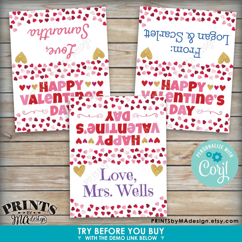 Puede incluir: Tres tarjetas de San Valent&iacute;n imprimibles con un patr&oacute;n de corazones rosas y rojos. Las tarjetas dicen "Feliz D&iacute;a de San Valent&iacute;n" y tienen espacio para un mensaje personalizado. El texto en las tarjetas dice "De: Logan & Scarlett", "Con amor, Samantha" y "Con amor, Sra. Wells".
