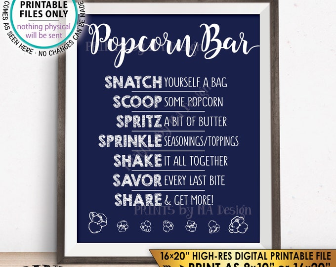 Popcorn Bar Sign, Popcorn Toppings, Popcorn Bar Directions, Wedding Shower, Retirement, Birthday, Navy Blue PRINTABLE 8x10/16x20” Sign <ID>