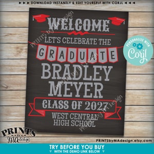 May include: A black chalkboard sign with white text that reads "Welcome, Let's Celebrate the Graduate Bradley Meyer, Class of 2027, West Central High School". The sign has red and white accents and a graduation cap graphic.