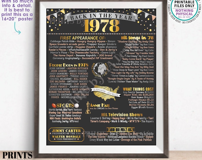 Back in the Year 1978 Poster Board, Remember 1978 Sign, Flashback to 1978 USA History from 1978, PRINTABLE 16x20” Sign <ID>