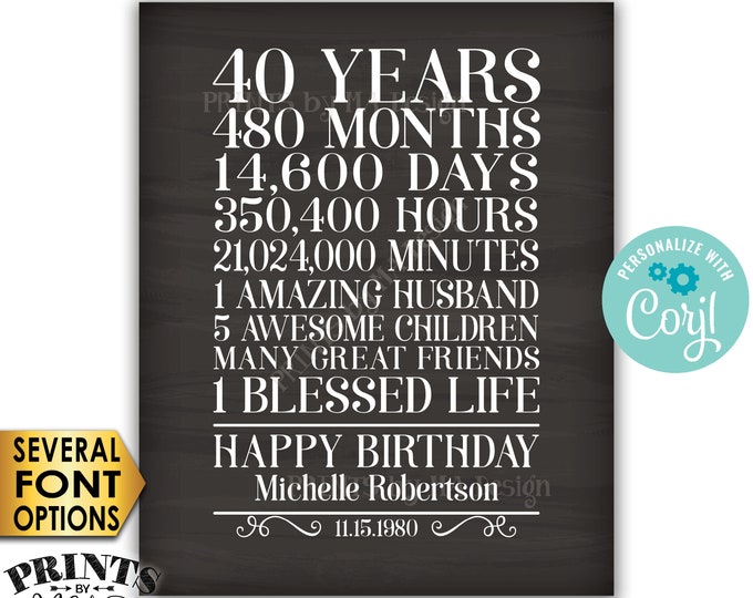 40th Birthday Gift for a Woman, 40 Years, One Blessed Life, Custom PRINTABLE 8x10/16x20” Chalkboard Style Sign <Edit Yourself with Corjl>