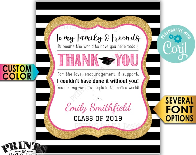 Grad Thank You Sign, Graduation Party Decoration, Black & Gold Glitter PRINTABLE 8x10/16x20" Sign <Edit Yourself with Corjl>