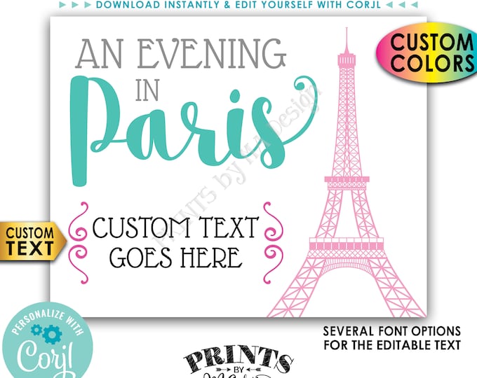 An Evening in Paris sign, Eiffel Tower, Custom PRINTABLE 8x10"/16x20" Sign with a White Background <Edit Yourself with Corjl>