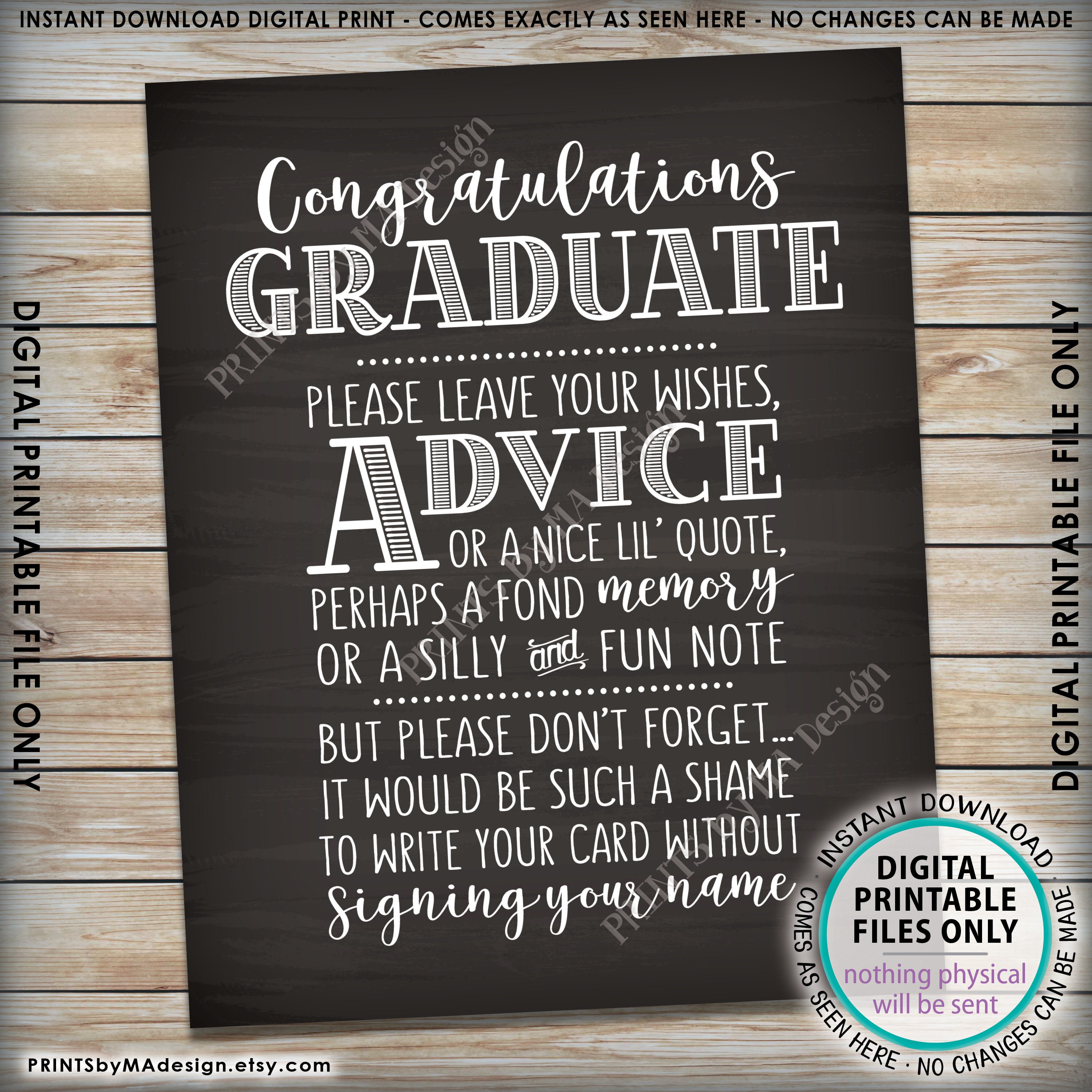 Graduation Advice, Congratulations Graduate Wishes, Memory, PRINTABLE Grad Party 8x10 Chalkboard