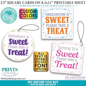 Celebration is Sweet Please Take a Treat, Editable 2.5" Tags/Cards Party Favors, PRINTABLE 8.5x11" Digital File <Edit Yourself w/Corjl>