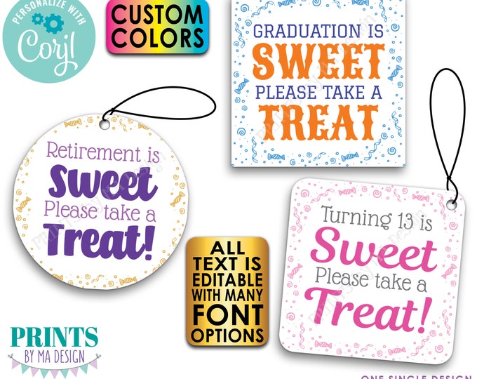 Celebration is Sweet Please Take a Treat, Editable 2.5" Tags/Cards Party Favors, PRINTABLE 8.5x11" Digital File <Edit Yourself w/Corjl>