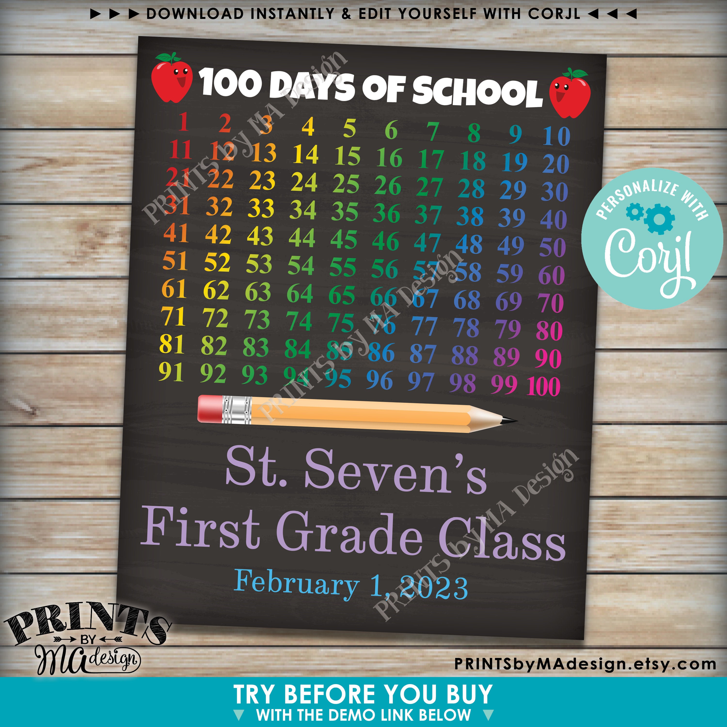 100 Days of School Sign, Custom PRINTABLE 8x10/16x20” Chalkboard Style ...