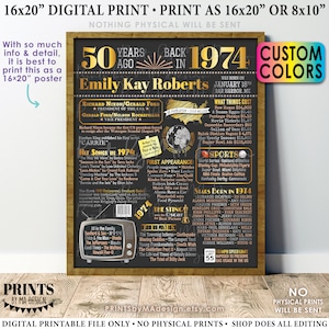 50th Birthday Poster Board, Back in 1974 Flashback 50 Years Ago B-day Gift, Custom PRINTABLE 16x20” Born in 1974 Sign